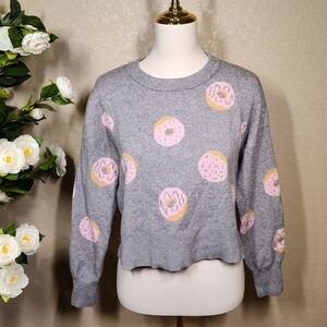 If It Were Me Women’s Medium Gray Donut Print Sweater Crewneck Pullover